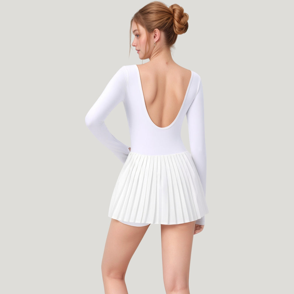 Anna-Kaci Active Women's Long Sleeve Pleated Skirt Active Dress with Scoop Neckline