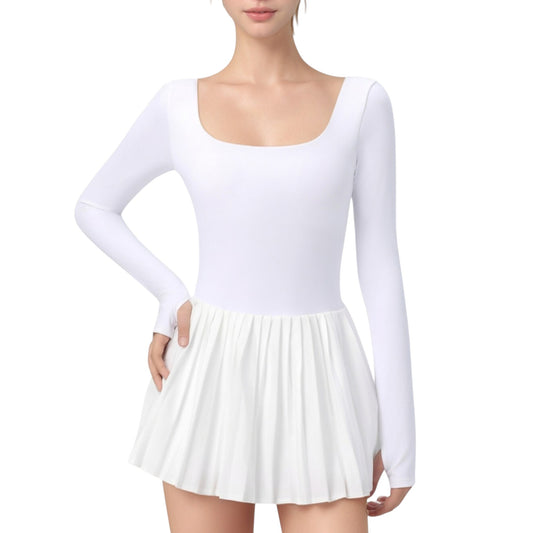 Anna-Kaci Active Women's Long Sleeve Pleated Skirt Active Dress with Scoop Neckline