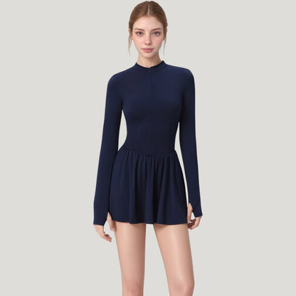 Anna-Kaci Active Women's Long Sleeve Athletic Dress with Front Zip and Flowy Skirt