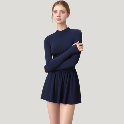 Anna-Kaci Active Women's Long Sleeve Athletic Dress with Front Zip and Flowy Skirt