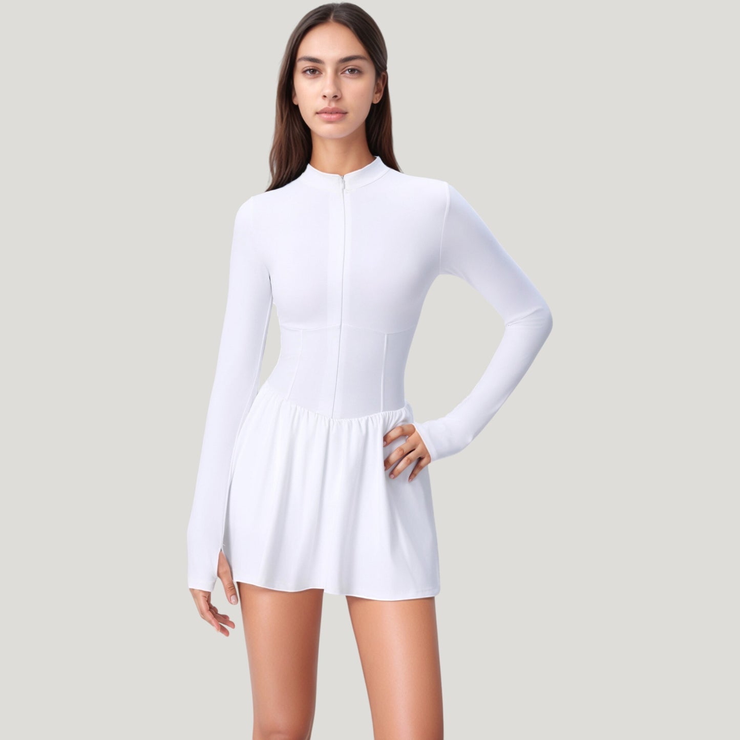 Anna-Kaci Active Women's Long Sleeve Athletic Dress with Front Zip and Flowy Skirt
