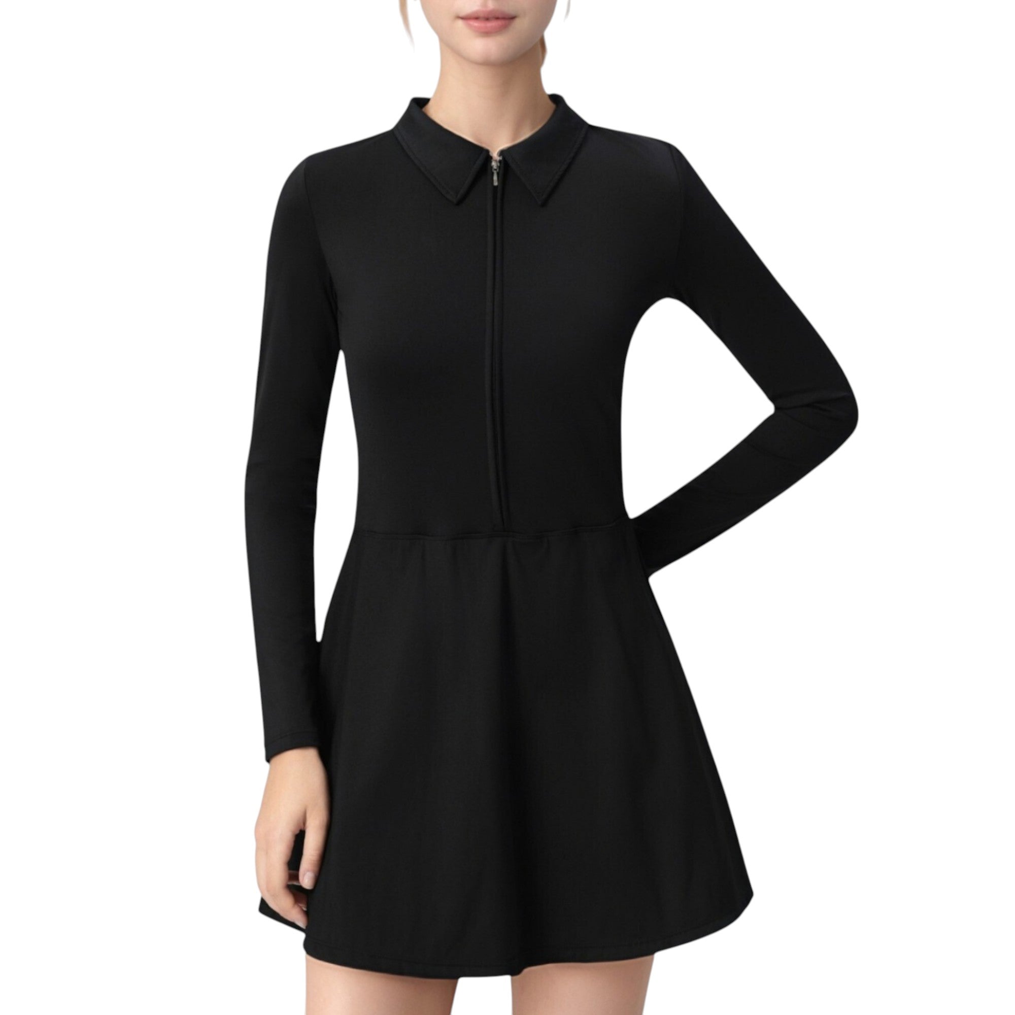 Anna-Kaci Active Women's Long Sleeve Active Dress with Zip Front Closure and Pointed Collar