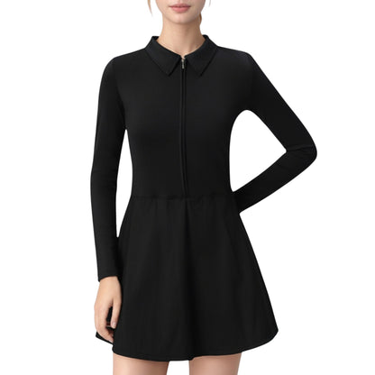 Anna-Kaci Active Women's Long Sleeve Active Dress with Zip Front Closure and Pointed Collar