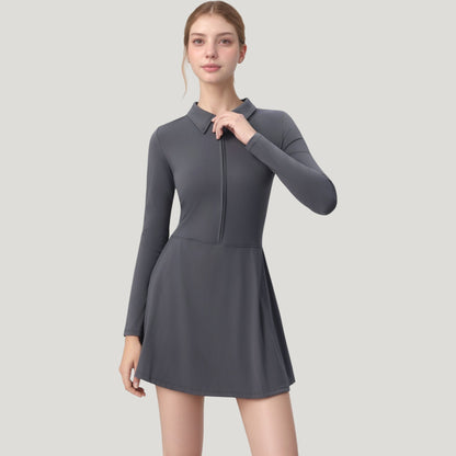 Anna-Kaci Active Women's Long Sleeve Active Dress with Zip Front Closure and Pointed Collar
