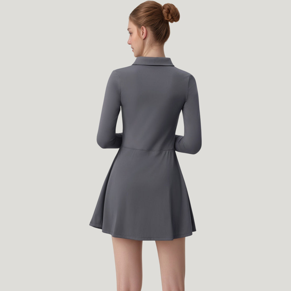 Anna-Kaci Active Women's Long Sleeve Active Dress with Zip Front Closure and Pointed Collar