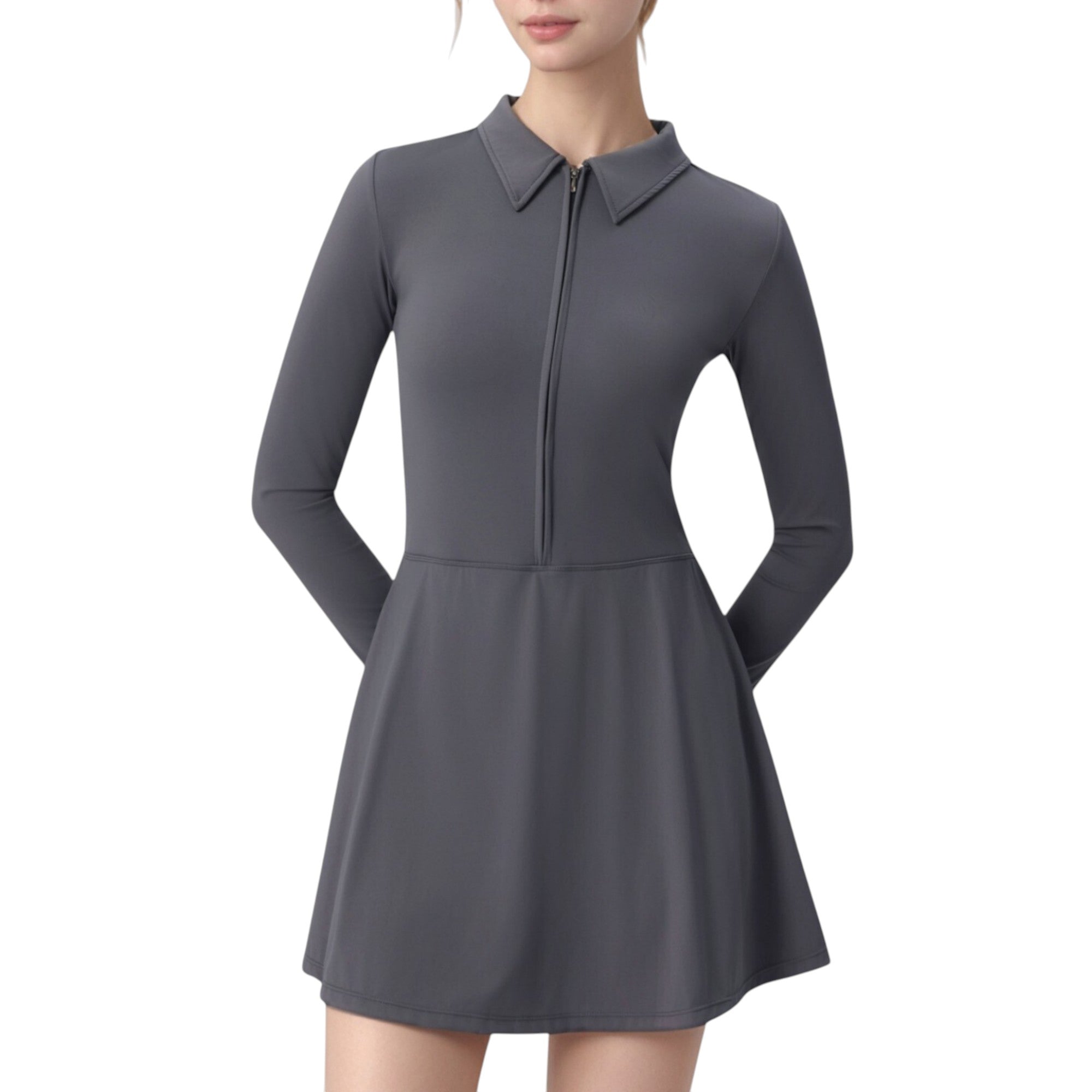 Anna-Kaci Active Women's Long Sleeve Active Dress with Zip Front Closure and Pointed Collar