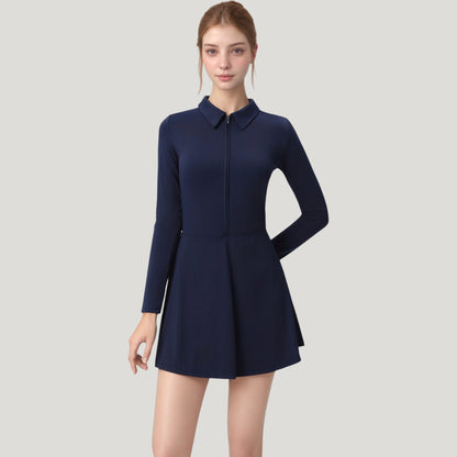 Anna-Kaci Active Women's Long Sleeve Active Dress with Zip Front Closure and Pointed Collar