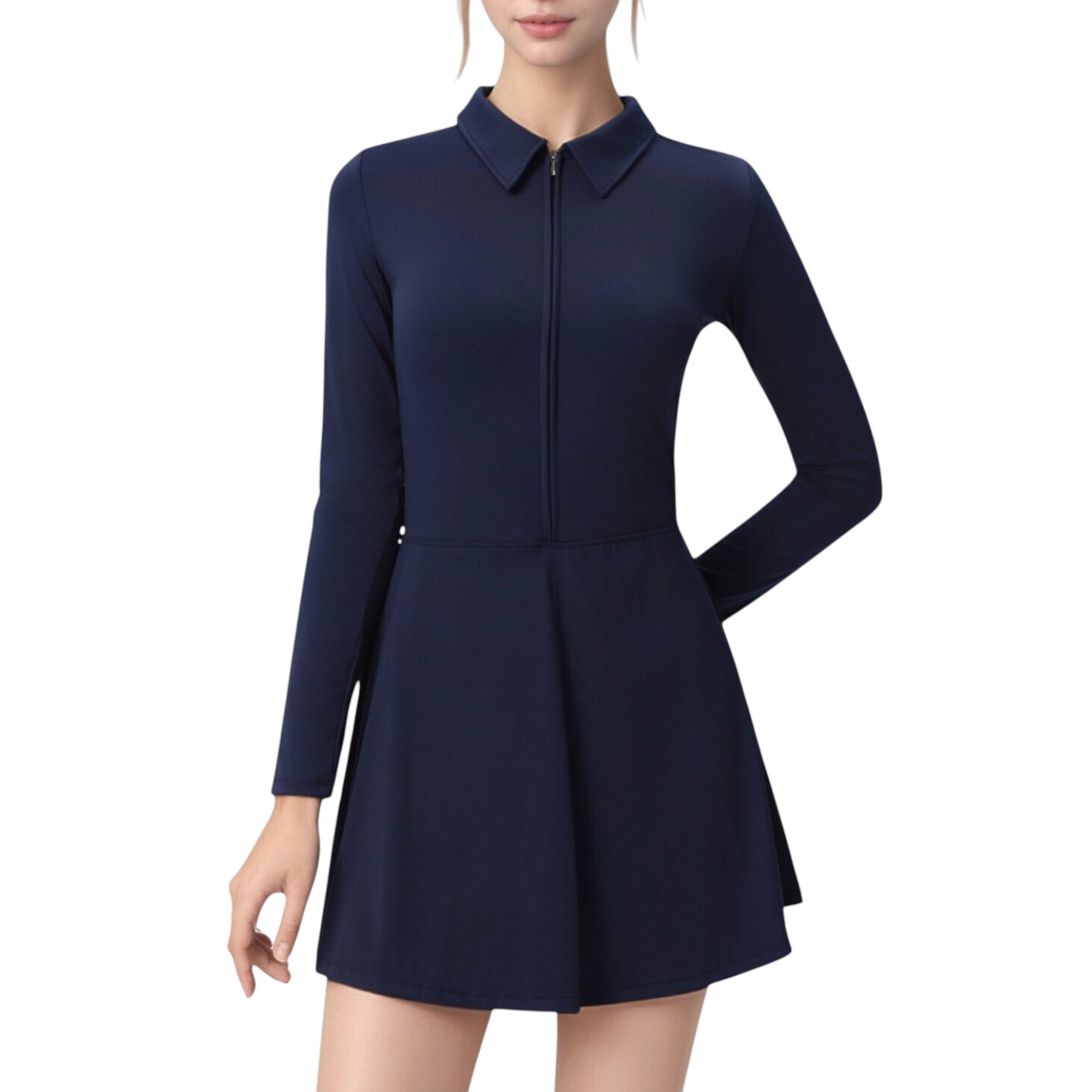 Anna-Kaci Active Women's Long Sleeve Active Dress with Zip Front Closure and Pointed Collar