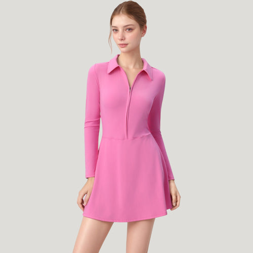 Anna-Kaci Active Women's Long Sleeve Active Dress with Zip Front Closure and Pointed Collar