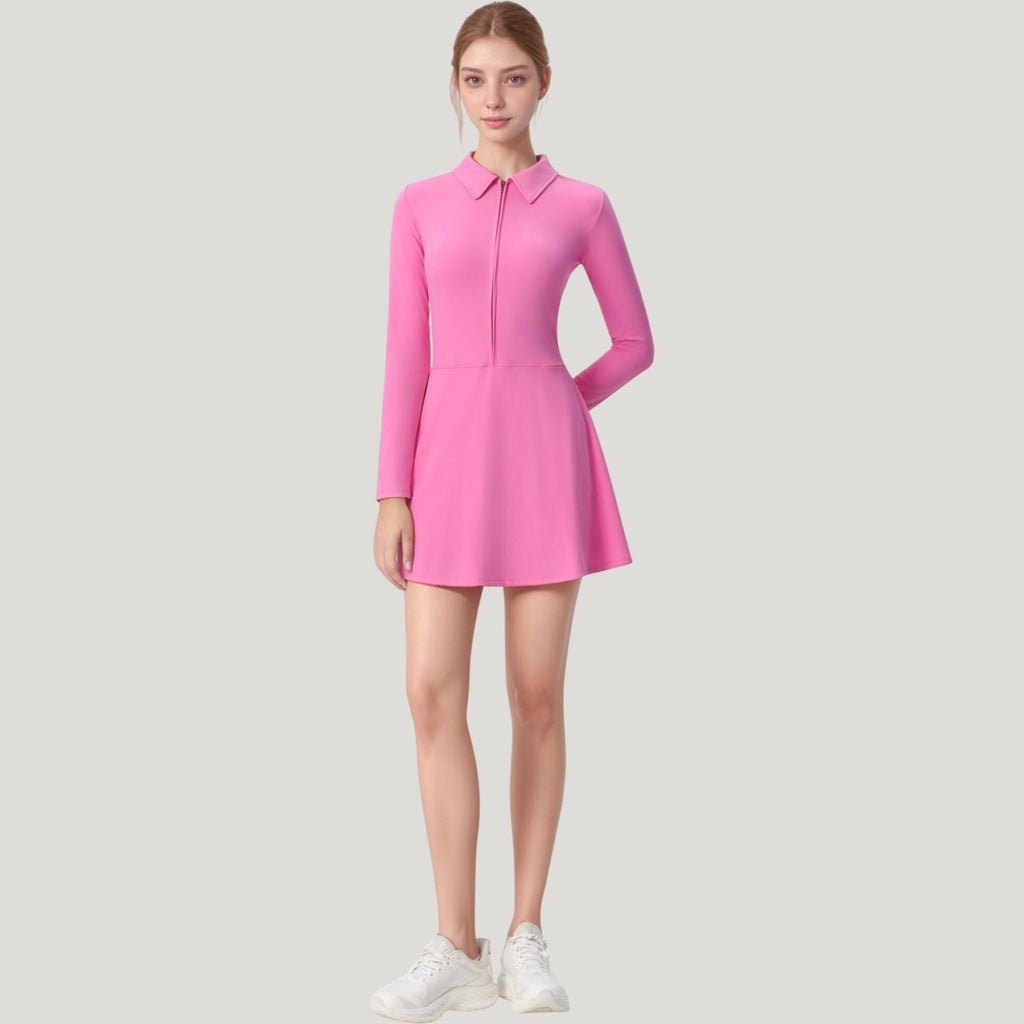 Anna-Kaci Active Women's Long Sleeve Active Dress with Zip Front Closure and Pointed Collar