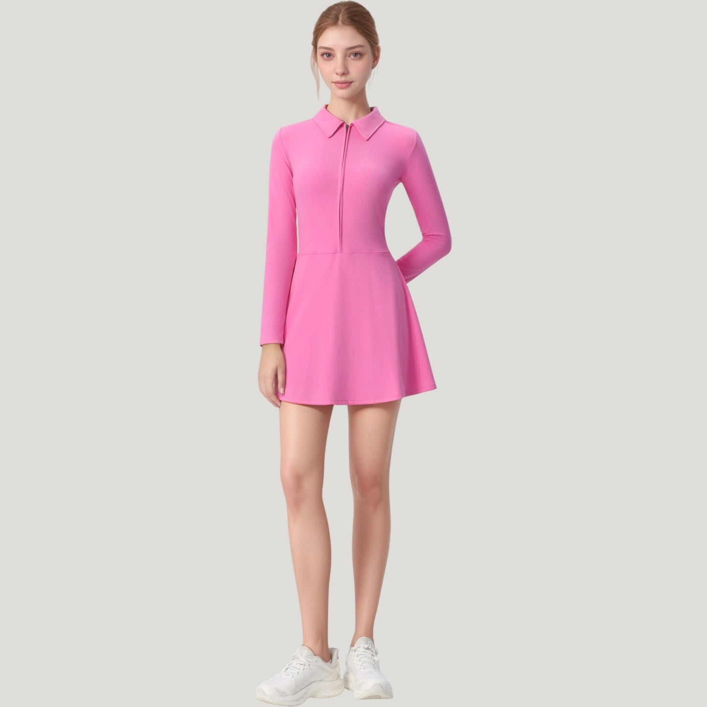 Anna-Kaci Active Women's Long Sleeve Active Dress with Zip Front Closure and Pointed Collar