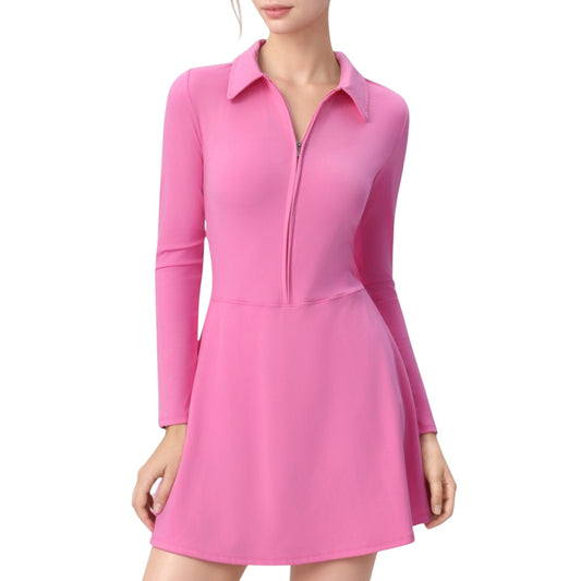 Anna-Kaci Active Women's Long Sleeve Active Dress with Zip Front Closure and Pointed Collar
