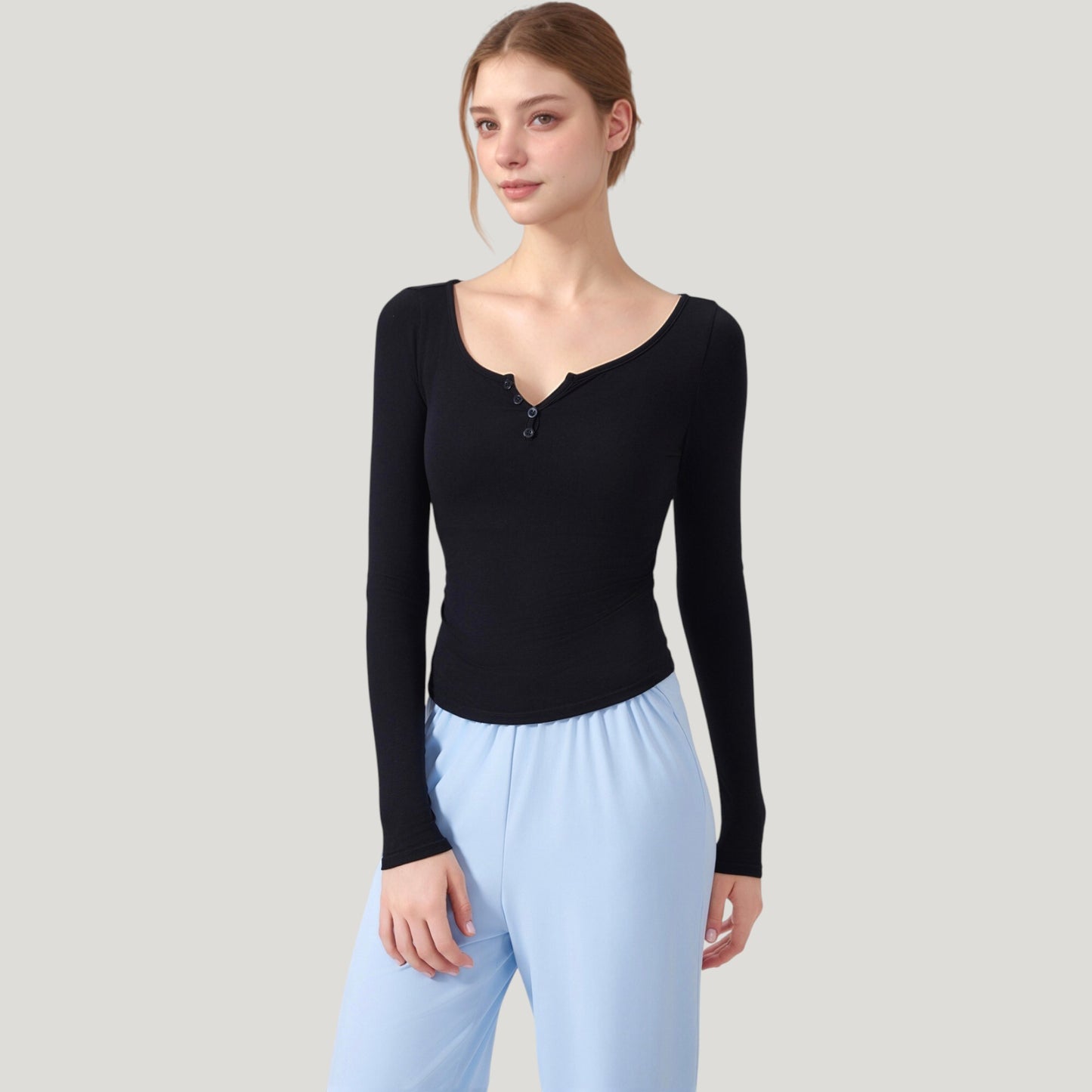 Anna-Kaci Active Women's Long Sleeve Henley Activewear Top with Scoop Neckline and Streamlined Fitted Silhouette