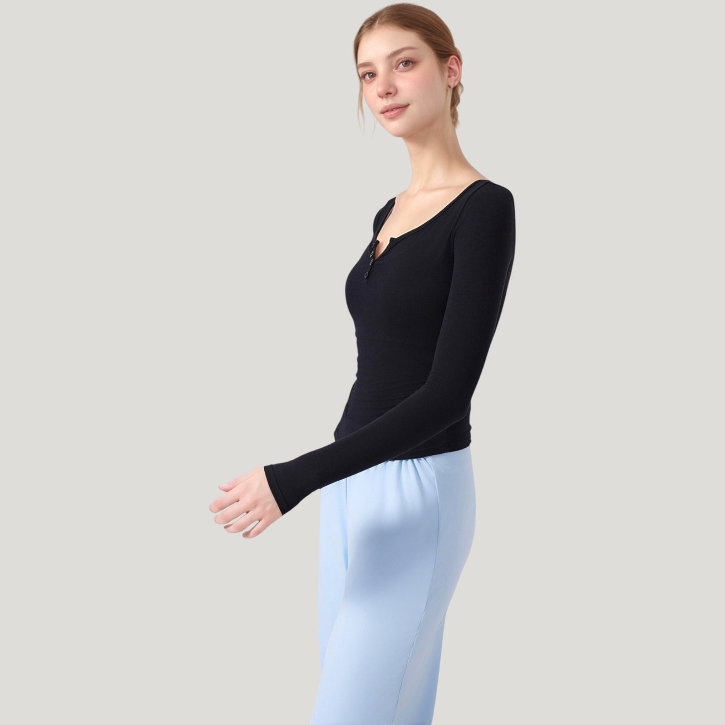 Anna-Kaci Active Women's Long Sleeve Henley Activewear Top with Scoop Neckline and Streamlined Fitted Silhouette