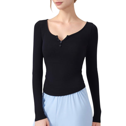 Anna-Kaci Active Women's Long Sleeve Henley Activewear Top with Scoop Neckline and Streamlined Fitted Silhouette