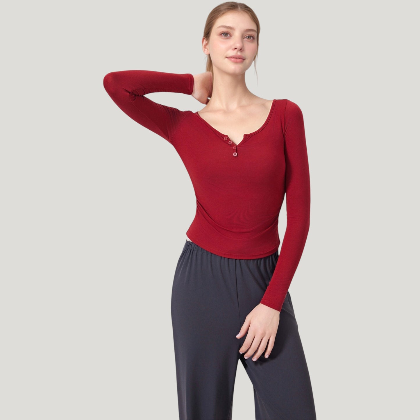 Anna-Kaci Active Women's Long Sleeve Henley Activewear Top with Scoop Neckline and Streamlined Fitted Silhouette
