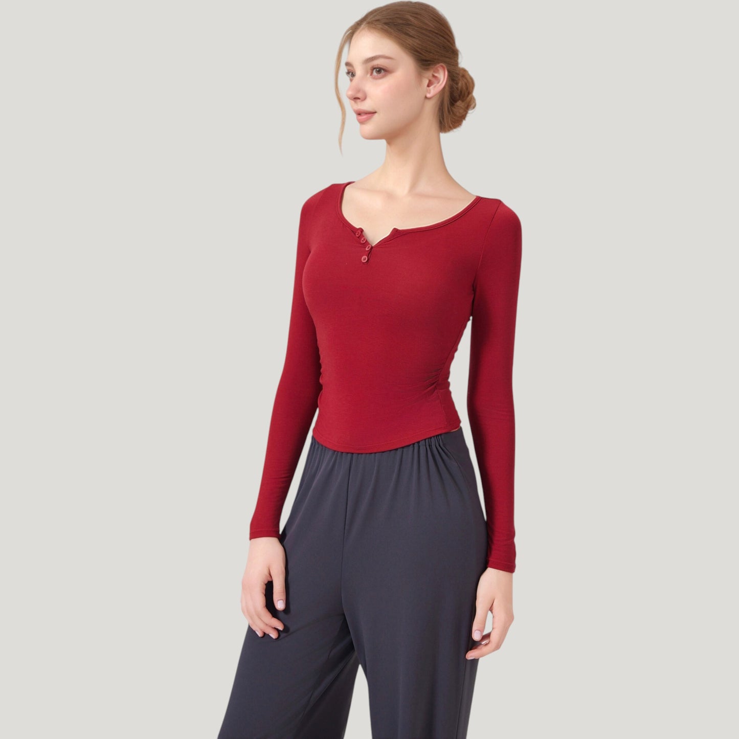 Anna-Kaci Active Women's Long Sleeve Henley Activewear Top with Scoop Neckline and Streamlined Fitted Silhouette