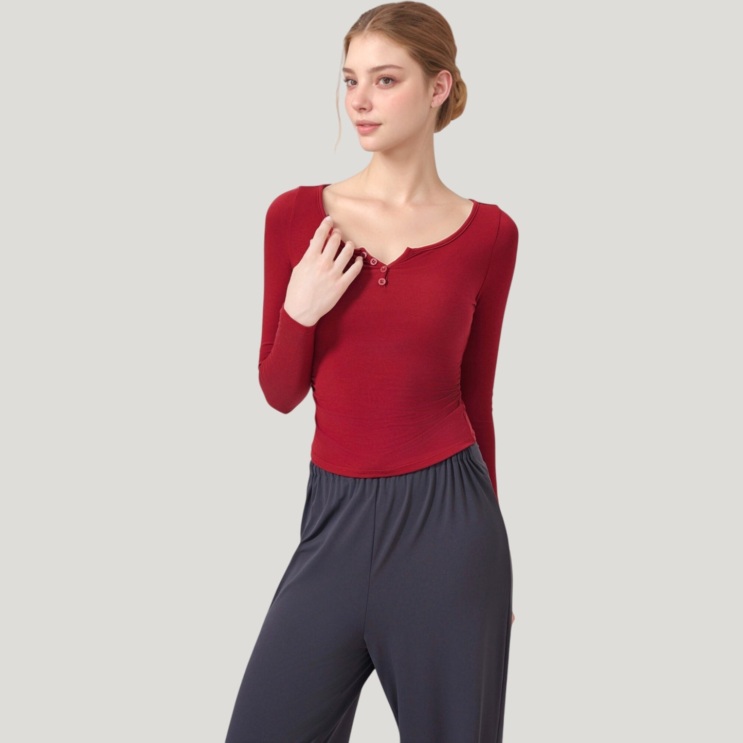 Anna-Kaci Active Women's Long Sleeve Henley Activewear Top with Scoop Neckline and Streamlined Fitted Silhouette