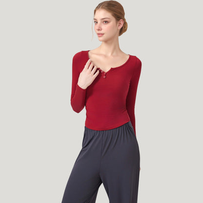 Anna-Kaci Active Women's Long Sleeve Henley Activewear Top with Scoop Neckline and Streamlined Fitted Silhouette