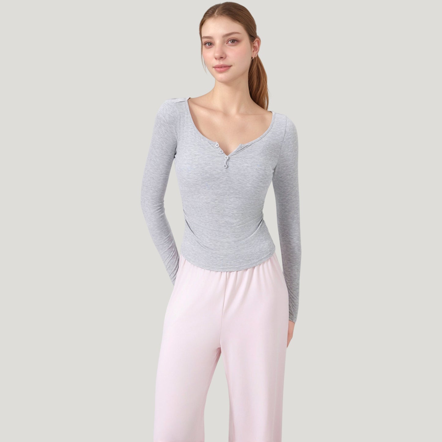 Anna-Kaci Active Women's Long Sleeve Henley Activewear Top with Scoop Neckline and Streamlined Fitted Silhouette