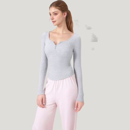 Anna-Kaci Active Women's Long Sleeve Henley Activewear Top with Scoop Neckline and Streamlined Fitted Silhouette