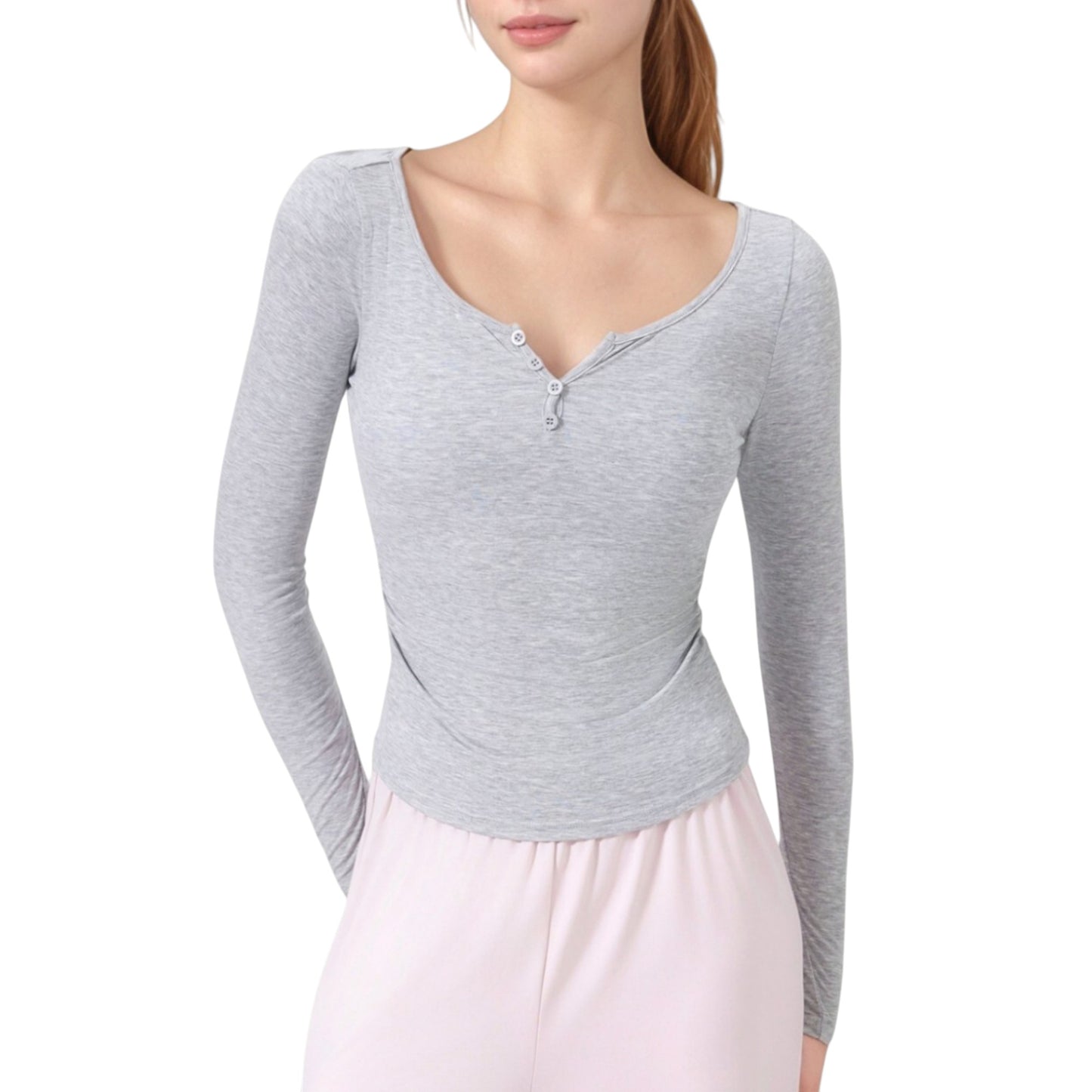 Anna-Kaci Active Women's Long Sleeve Henley Activewear Top with Scoop Neckline and Streamlined Fitted Silhouette