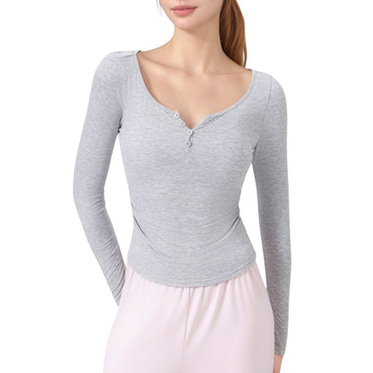 Anna-Kaci Active Women's Long Sleeve Henley Activewear Top with Scoop Neckline and Streamlined Fitted Silhouette