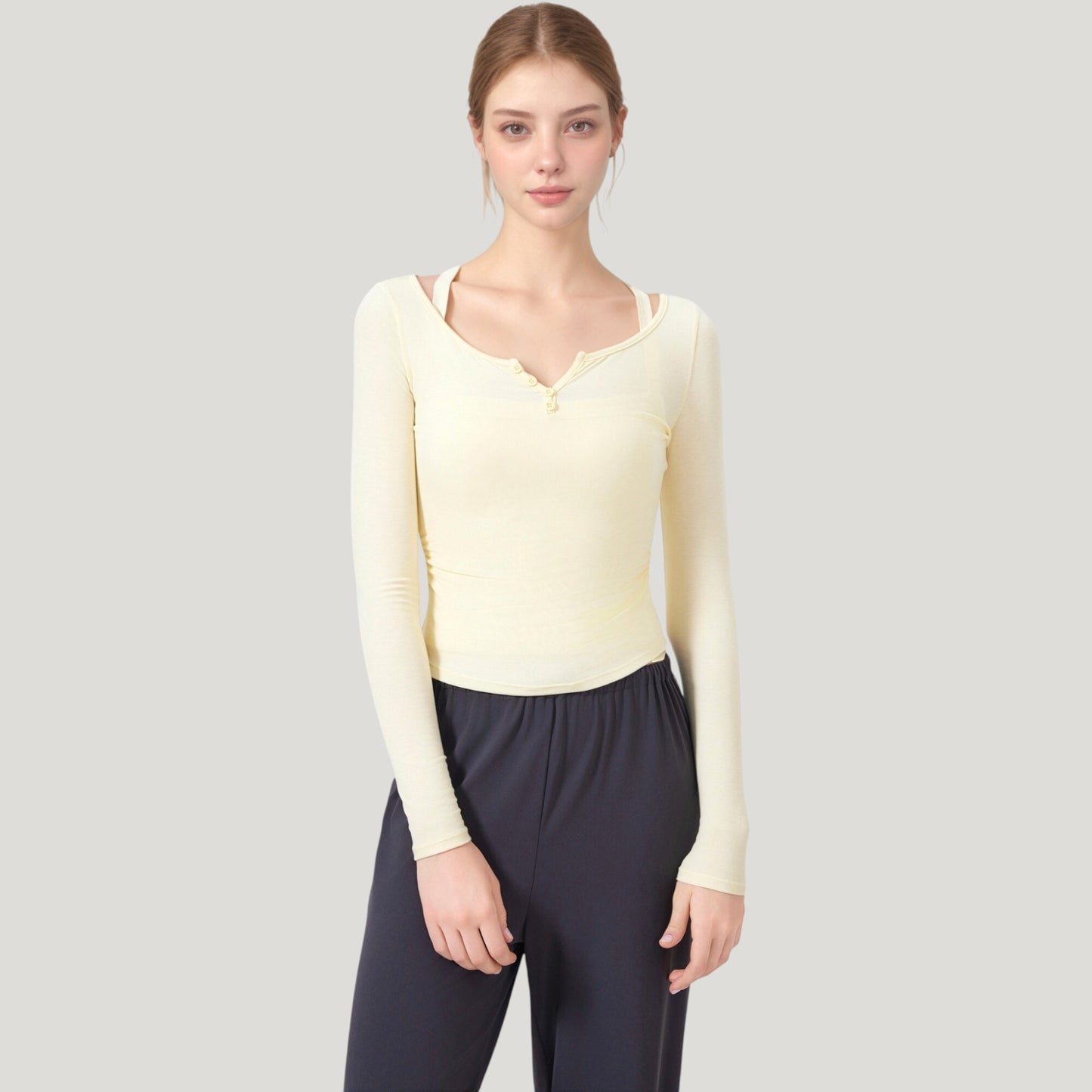Anna-Kaci Active Women's Long Sleeve Henley Activewear Top with Scoop Neckline and Streamlined Fitted Silhouette