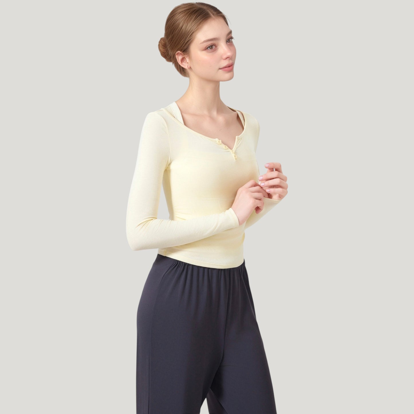 Anna-Kaci Active Women's Long Sleeve Henley Activewear Top with Scoop Neckline and Streamlined Fitted Silhouette