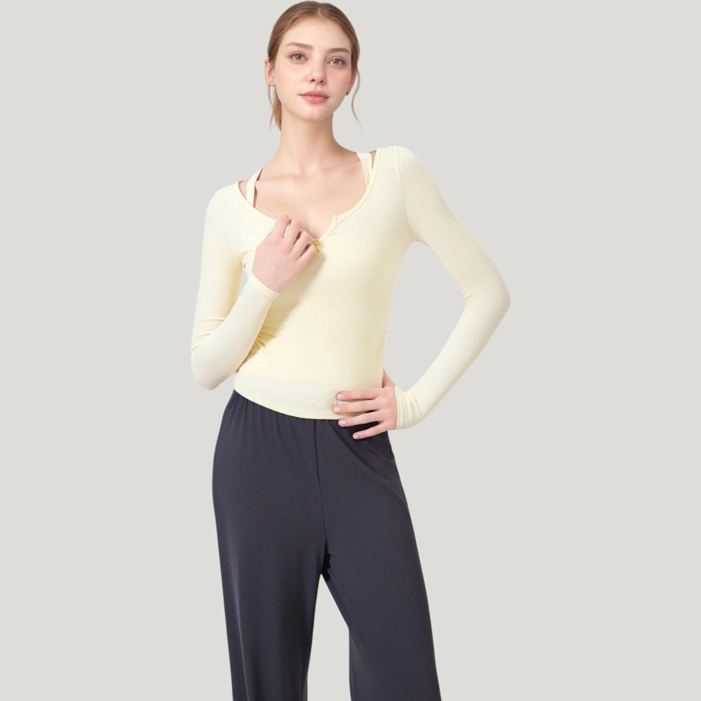 Anna-Kaci Active Women's Long Sleeve Henley Activewear Top with Scoop Neckline and Streamlined Fitted Silhouette