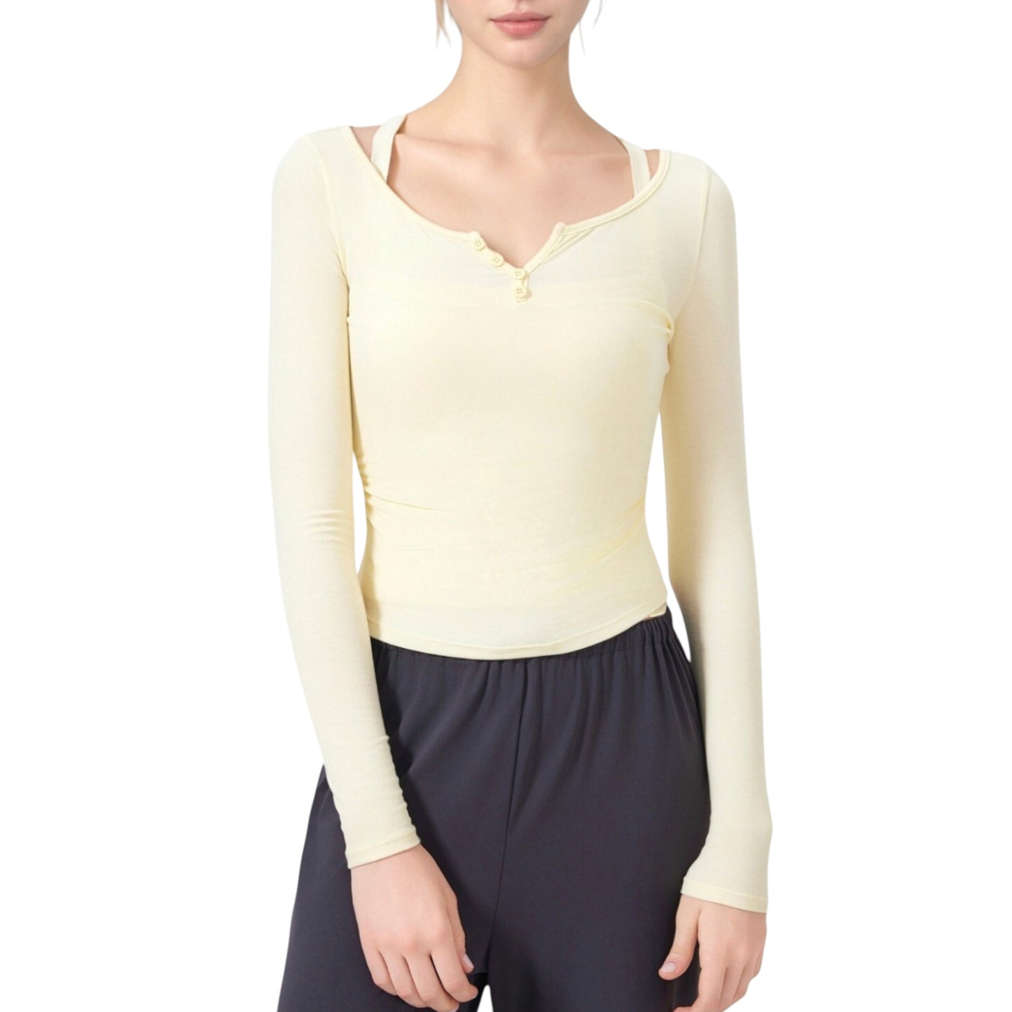 Anna-Kaci Active Women's Long Sleeve Henley Activewear Top with Scoop Neckline and Streamlined Fitted Silhouette