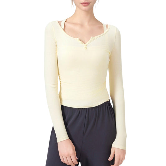 Anna-Kaci Active Women's Long Sleeve Henley Activewear Top with Scoop Neckline and Streamlined Fitted Silhouette