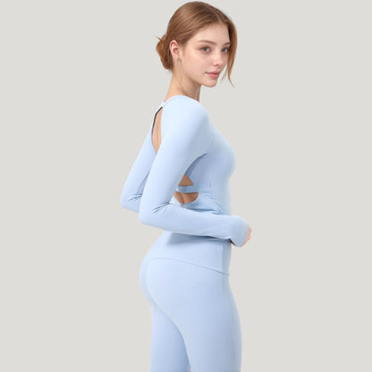 Anna-Kaci Active Women's Long Sleeve Cropped Sports Top with Open Back and Crisscross Strap Detail