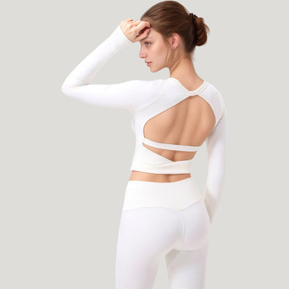 Anna-Kaci Active Women's Long Sleeve Cropped Sports Top with Open Back and Crisscross Strap Detail