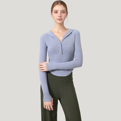 Anna-Kaci Active Women's Long Sleeve Henley Hoodie Activewear Top with Streamlined Fit and Lightweight Stretch Fabric