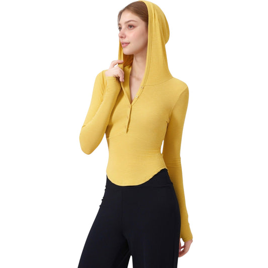 Anna-Kaci Active Women's Long Sleeve Henley Hoodie Activewear Top with Streamlined Fit and Lightweight Stretch Fabric