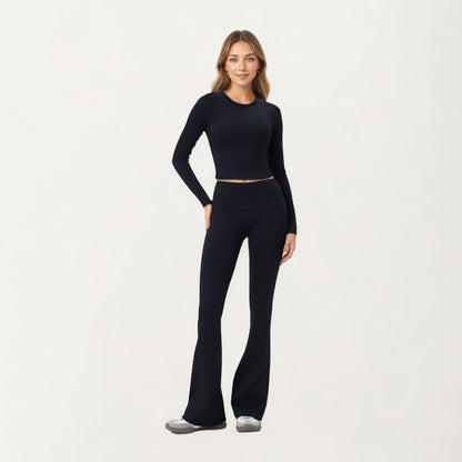 Anna-Kaci Active Women's High Waist Flare Leg Pants with Foldover Waistband and Stretch Performance Fabric