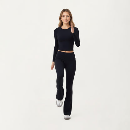 Anna-Kaci Active Women's High Waist Flare Leg Pants with Foldover Waistband and Stretch Performance Fabric