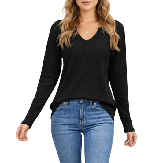 Anna-Kaci Women's Long Sleeve Waffle Knit Top with Notch V-Neckline and Relaxed Fit