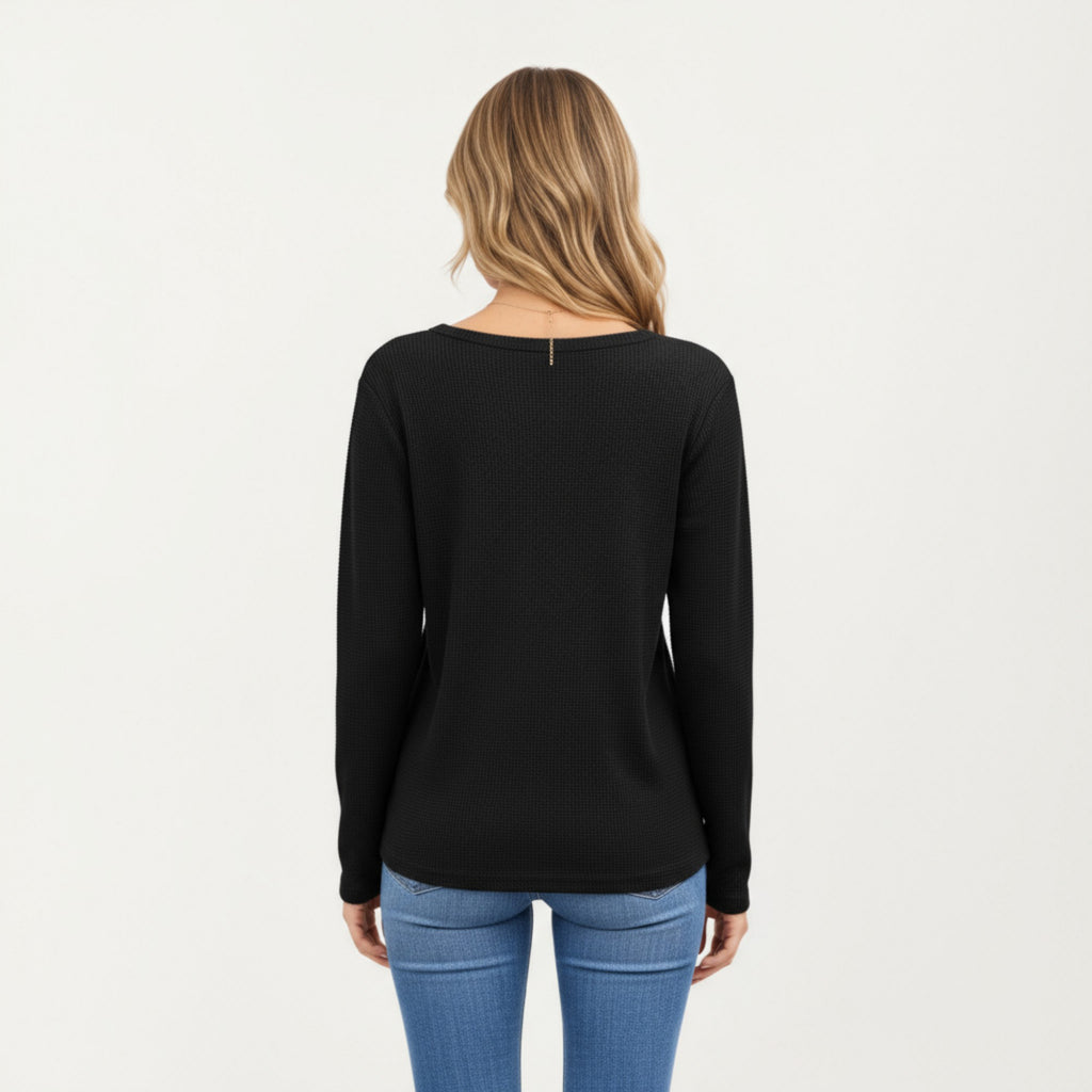 Anna-Kaci Women's Long Sleeve Waffle Knit Top with Notch V-Neckline and Relaxed Fit