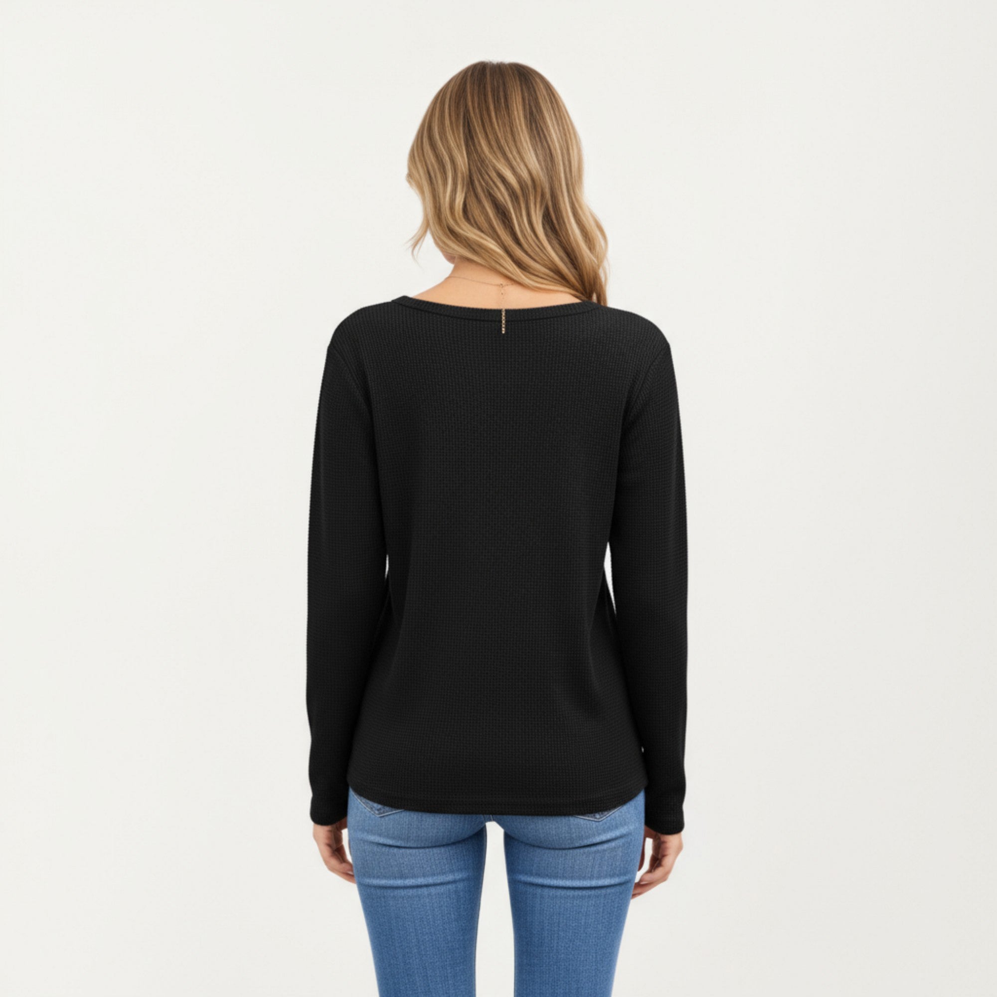 Anna-Kaci Women's Long Sleeve Waffle Knit Top with Notch V-Neckline and Relaxed Fit