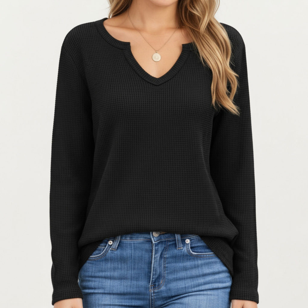Anna-Kaci Women's Long Sleeve Waffle Knit Top with Notch V-Neckline and Relaxed Fit