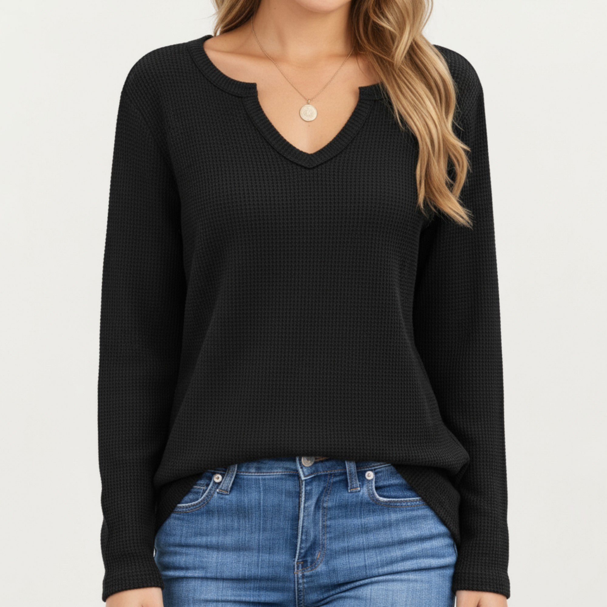 Anna-Kaci Women's Long Sleeve Waffle Knit Top with Notch V-Neckline and Relaxed Fit