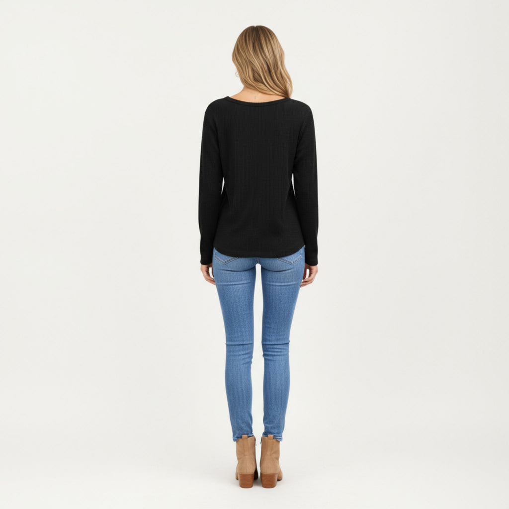 Anna-Kaci Women's Long Sleeve Waffle Knit Top with Notch V-Neckline and Relaxed Fit