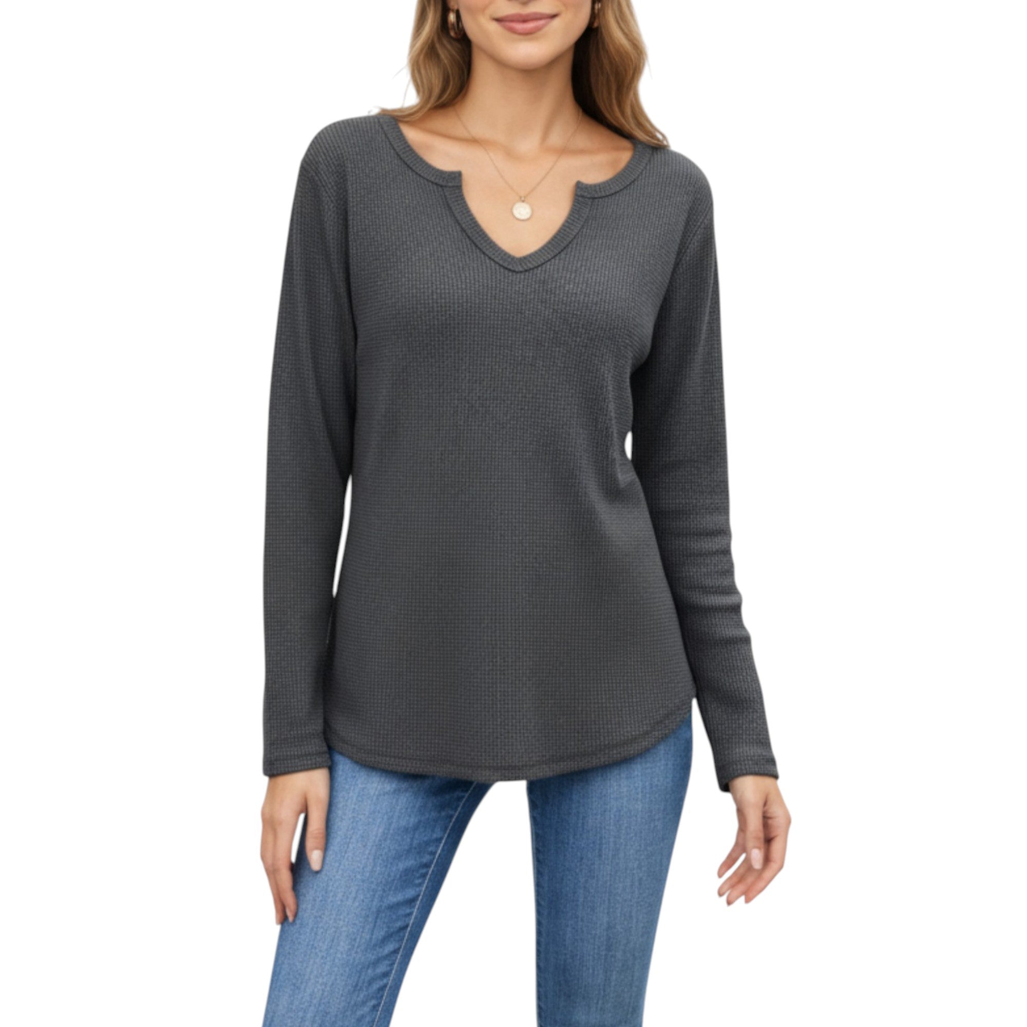 Anna-Kaci Women's Long Sleeve Waffle Knit Top with Notch V-Neckline and Relaxed Fit