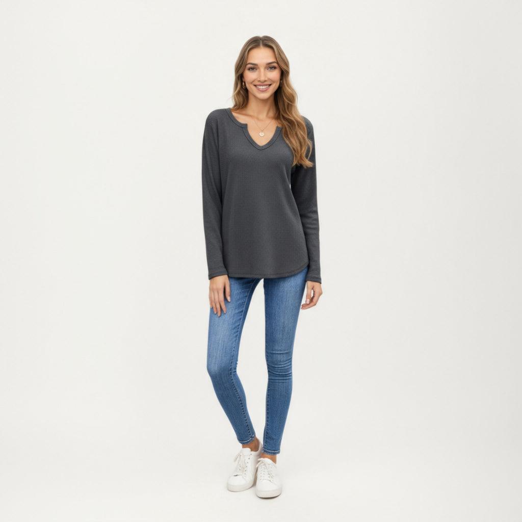 Anna-Kaci Women's Long Sleeve Waffle Knit Top with Notch V-Neckline and Relaxed Fit