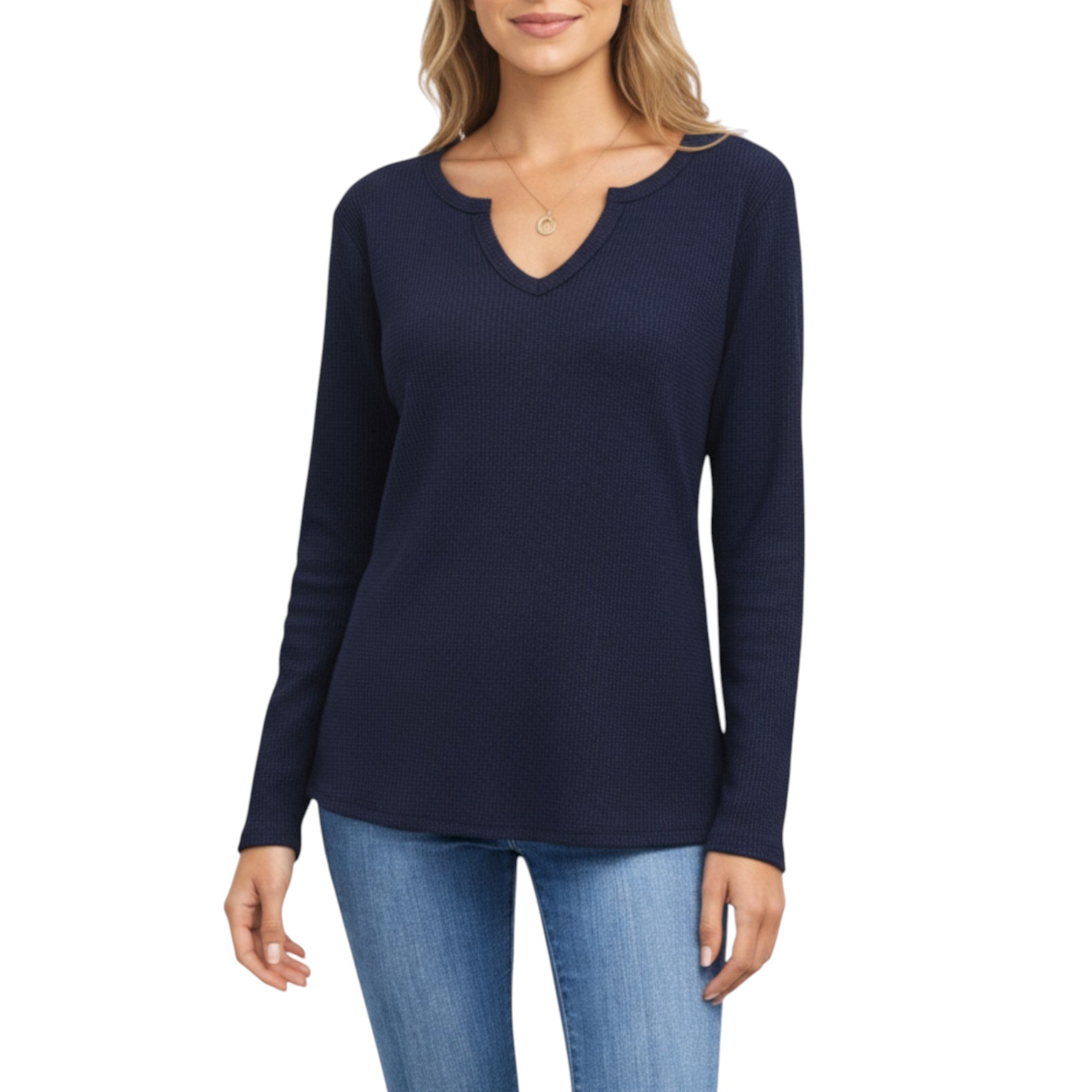 Anna-Kaci Women's Long Sleeve Waffle Knit Top with Notch V-Neckline and Relaxed Fit
