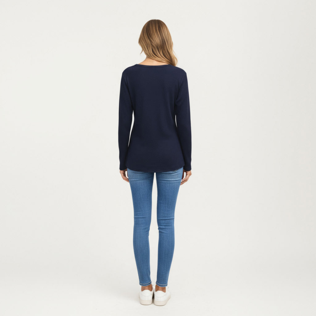 Anna-Kaci Women's Long Sleeve Waffle Knit Top with Notch V-Neckline and Relaxed Fit