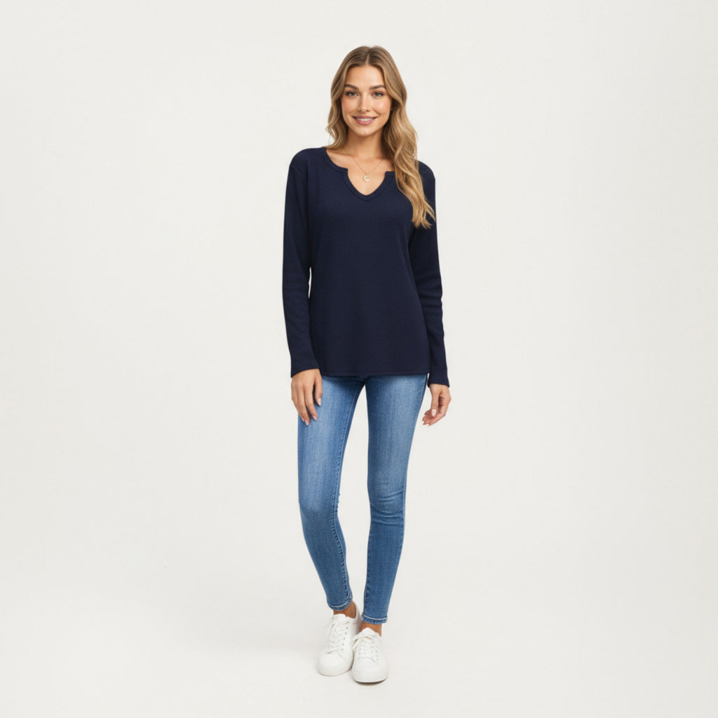 Anna-Kaci Women's Long Sleeve Waffle Knit Top with Notch V-Neckline and Relaxed Fit