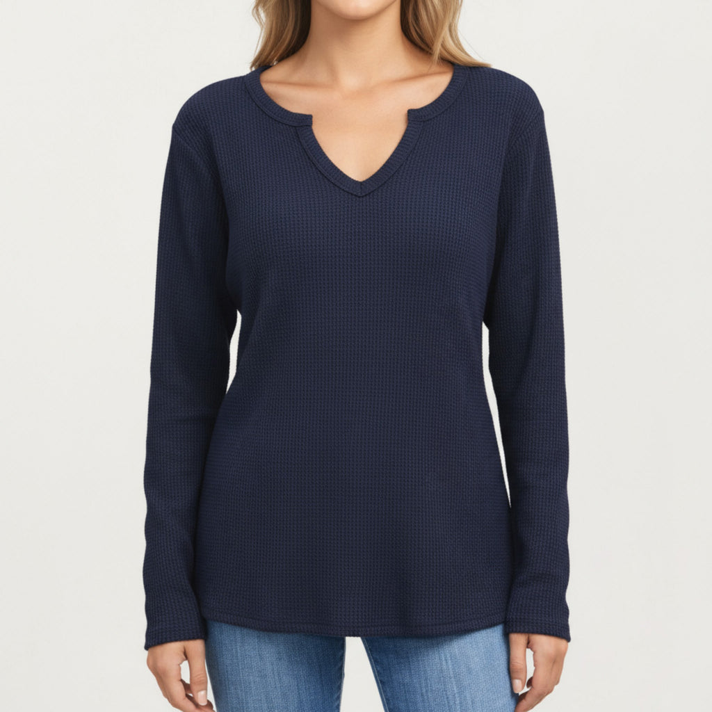 Anna-Kaci Women's Long Sleeve Waffle Knit Top with Notch V-Neckline and Relaxed Fit